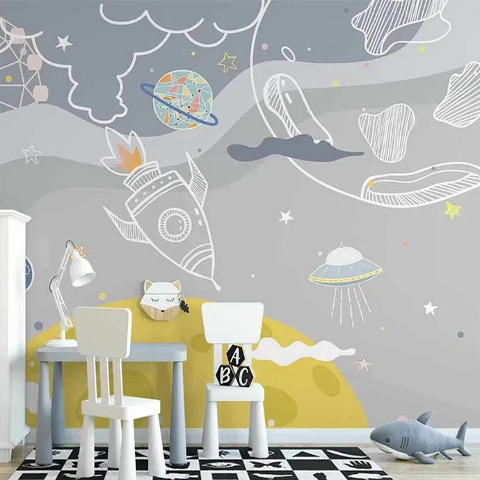 Decorate your kid's bedroom in style with this beautiful space mural. This mural is crafted with extra thick paint that won't suffer from static, water, mold, or fire damage. Its natural and formaldehyde-free design is not only safe but also environmentally friendly. Requires wallpaper glue-paste for installation (not included). Some mural wallpaper types are self-adhesive. Time to make your kid's room unique and inspiring. 