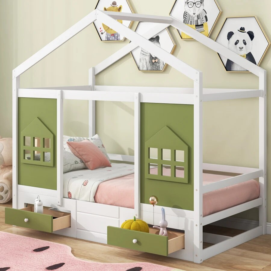 This Green and White Twin House Bed is an ideal option for kids' bedrooms. Crafted from high-quality pine wood and MDF, the house-shaped design adds charm and character to any room. Its low height is easy to get in and out of safely, plus two storage drawers offer extra convenience. Let your imagination run wild and create the perfect look for your kids' dream bedroom.  Overal Dimensions: 77.6''L x 50.2''W x 74.8''H