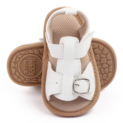 Bring comfort and style to your little one's summer with these adorable sandals in vibrant yellow, crisp white, and cool blue. Perfect for newborns to 18-month-olds, these sandals will have your baby looking cute from every angle. Elevate your baby's style with these adorable and versatile sandals! Keep your little one's feet cool and comfortable all summer long with these must-have sandals