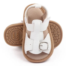 Load image into Gallery viewer, Bring comfort and style to your little one&#39;s summer with these adorable sandals in vibrant yellow, crisp white, and cool blue. Perfect for newborns to 18-month-olds, these sandals will have your baby looking cute from every angle. Elevate your baby&#39;s style with these adorable and versatile sandals! Keep your little one&#39;s feet cool and comfortable all summer long with these must-have sandals
