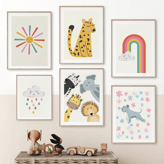 Bring some wild and whimsical vibes to your walls with this amazing jungle animals, clouds and rainbows canvas art. Instantly transform your child's room into a dreamy paradise!