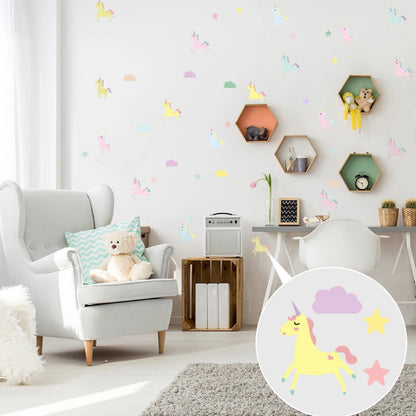 Transform any room into a magical wonderland for your children with minimal effort. Simply apply the PVC decals to a clean and smooth surface for a whimsical addition to your décor. Each order includes 6 sheets and 29 pieces, featuring 6 charming unicorns that your kids will adore.