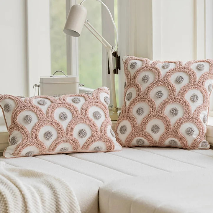 Bring a beautiful touch of handmade elegance into your child's bedroom or playroom with this ivory pink tufted pillow cover.