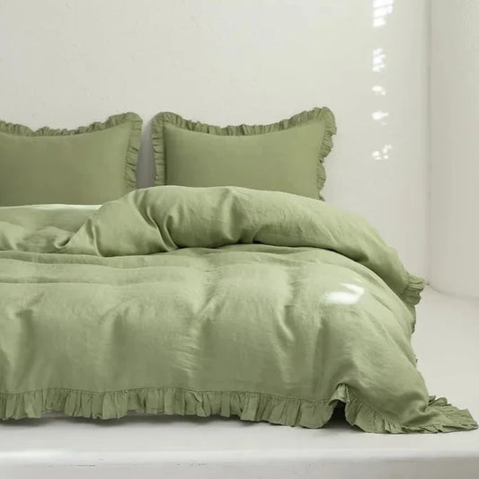 Transform your child or teenager's bedroom with the Sage Green Vintage Ruffled French Linen Duvet Cover Set, crafted from 100% washed linen. Experience the benefits of its excellent heat dissipation, breathability, and absorbency, providing ultimate comfort and durability that only gets softer with each wash.