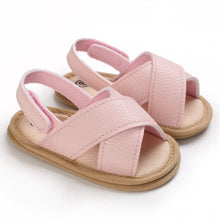 Load image into Gallery viewer, A perfect fit for your little one&#39;s feet, our pink white Malta Sandals come in white, brown and black and fit babies and tots from newborn to 18 months. Comfortable and stylish, they&#39;ll be walking in style. Upper Material: PU Leather. Outsole Material: Rubber and Cotton. Heel Type: Flat.
