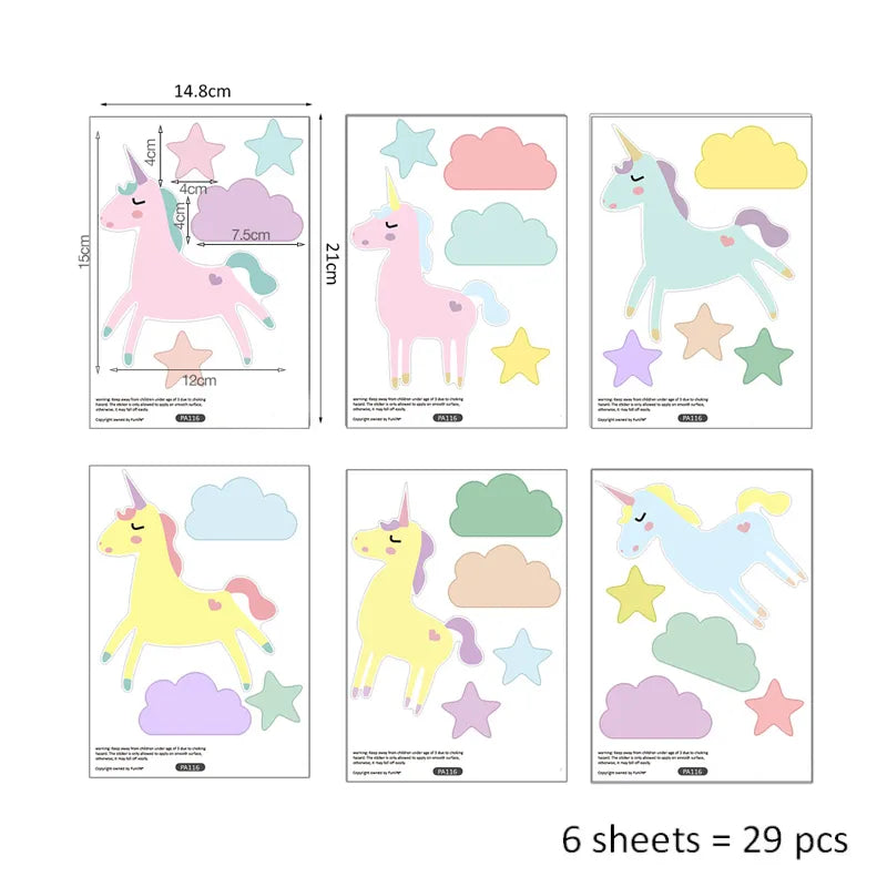 Transform any room into a magical wonderland for your children with minimal effort. Simply apply the PVC decals to a clean and smooth surface for a whimsical addition to your décor. Each order includes 6 sheets and 29 pieces, featuring 6 charming unicorns that your kids will adore.