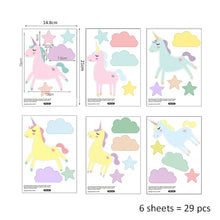 Load image into Gallery viewer, Transform any room into a magical wonderland for your children with minimal effort. Simply apply the PVC decals to a clean and smooth surface for a whimsical addition to your décor. Each order includes 6 sheets and 29 pieces, featuring 6 charming unicorns that your kids will adore.
