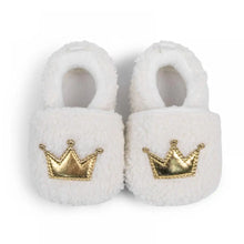 Load image into Gallery viewer, These cozy, snuggly slippers are fit for a royal baby! Made with fluffy teddy bear fabric to keep little toes warm and toasty. Available in sizes for newborns up to 18 months old. Choose from white, grey, or brown.
