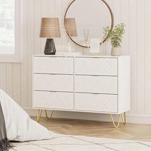 Load image into Gallery viewer, Modernize your kids&#39; bedroom with this 4-drawer white dresser. Delicate metallic legs, luxurious gold pull handles, and a spacious design make it versatile for any decor. The easy-to-clean cabinet and smooth drawers with slide rails and handles make daily use a breeze. Plus, the dresser comes with hardware to keep it securely in place.
