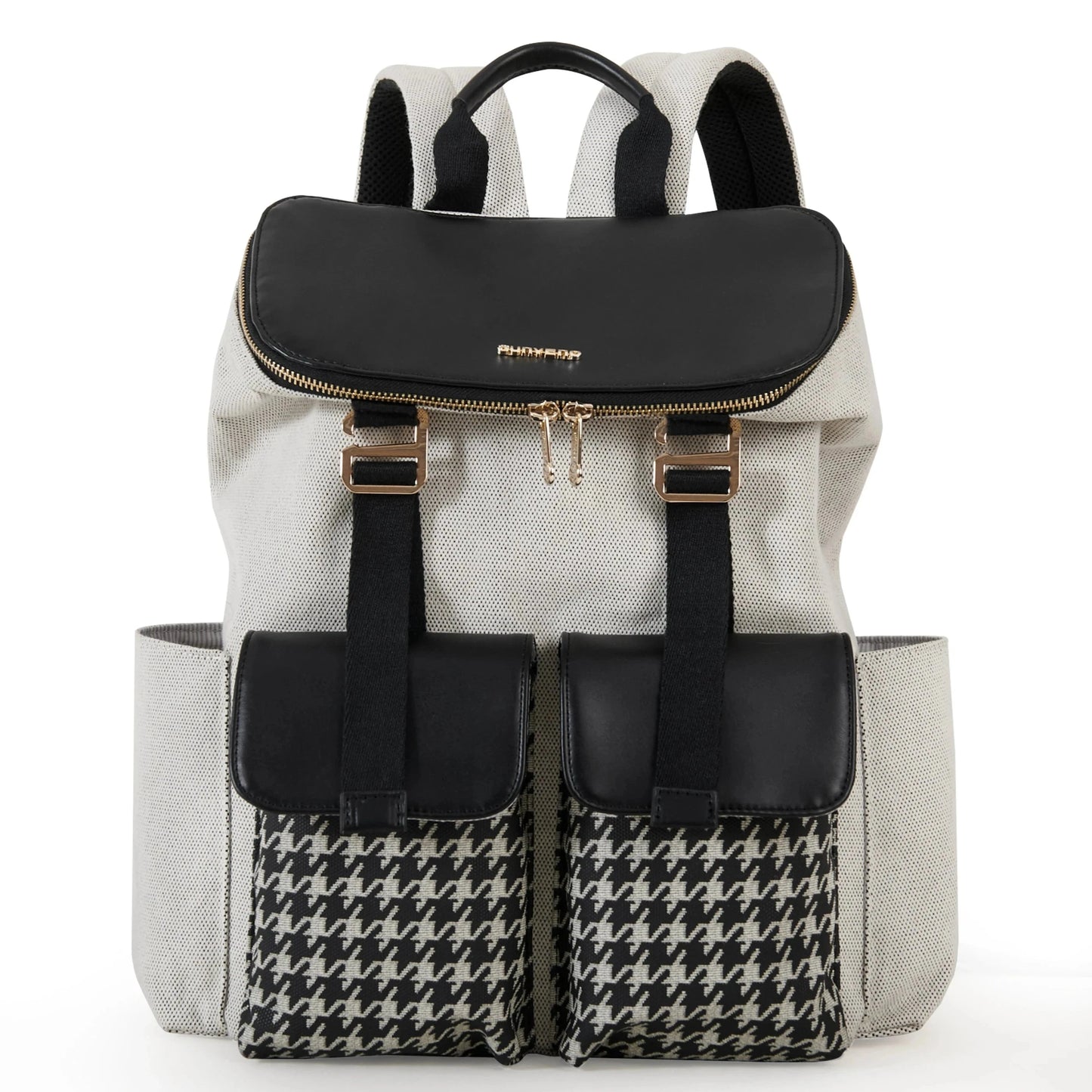 This black and beige Houndstooth Diaper Backpack is the ideal choice for busy parents, featuring a stylish houndstooth pattern and durable construction with rust-proof hardware and faux leather material. Perfect for carrying all of your baby supplies, this reliable bag is sure to last through years of use. Comes with a changing pad.