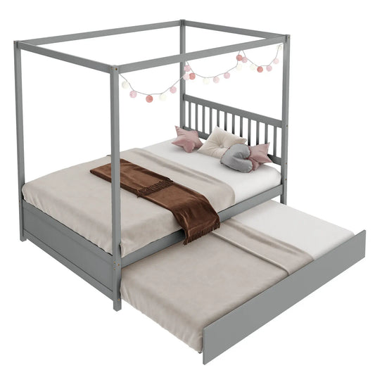 This solid wood grey canopy bed with a full-size rolling trundle is the perfect addition to your child's bedroom! Decorated with flags, ribbons, and lights on the rails, it adds an adorable touch. Plus, it provides an easy way to gain extra sleeping space with a PV caster trundle. The 79.5" x 57" x 72" canopy bed doesn't require a box spring, making it even more convenient. Keep in mind that the recommended mattress thickness for the full bed is 6" and for the trundle, it should be lower than 6".