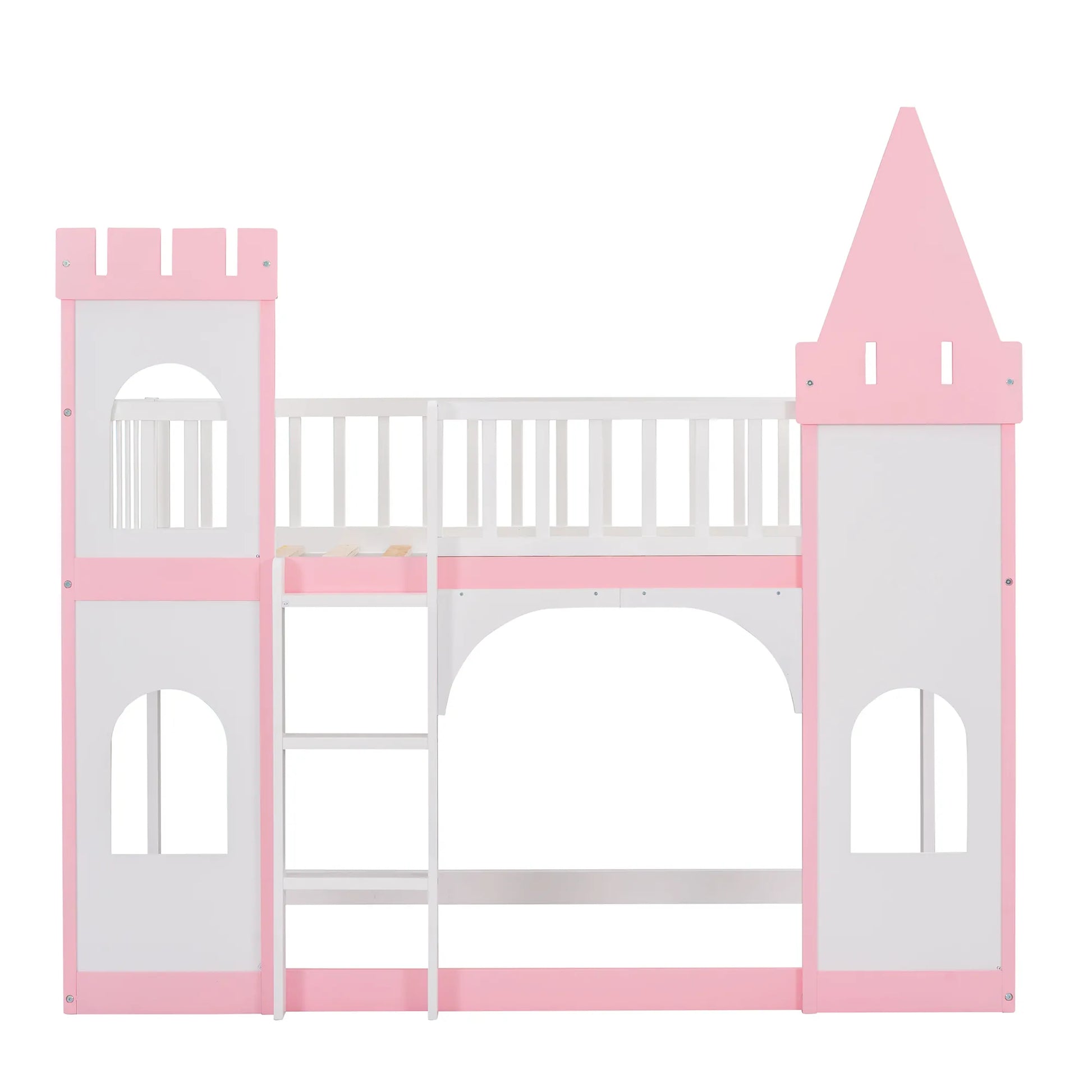 This pink castle bed is perfect for up-leveling your child's bedroom. Its delicate and gorgeous pattern design adds an artistic atmosphere to your home while providing a fun and safe environment for your child to explore their imagination. This bunk bed has guardrails and a safe ladder, so your little one can easily get in and out of bed.