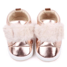 Load image into Gallery viewer, Discover the most adorable infant silver footwear available for newborns up to 18 months! Our selection boasts rose gold, glossy black, and shimmering silver options. These non-slip, cozy shoes feature soft soles perfect for everyday wear.
