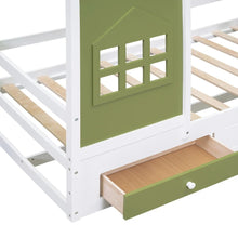 Load image into Gallery viewer, This Green and White Twin House Bed is an ideal option for kids&#39; bedrooms. Crafted from high-quality pine wood and MDF, the house-shaped design adds charm and character to any room. Its low height is easy to get in and out of safely, plus two storage drawers offer extra convenience. Let your imagination run wild and create the perfect look for your kids&#39; dream bedroom.  Overal Dimensions: 77.6&#39;&#39;L x 50.2&#39;&#39;W x 74.8&#39;&#39;H
