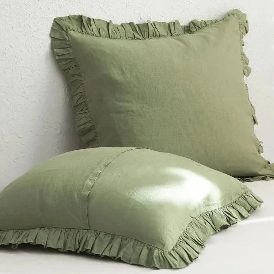 Transform your child or teenager's bedroom with the Sage Green Vintage Ruffled French Linen Duvet Cover Set, crafted from 100% washed linen. Experience the benefits of its excellent heat dissipation, breathability, and absorbency, providing ultimate comfort and durability that only gets softer with each wash.