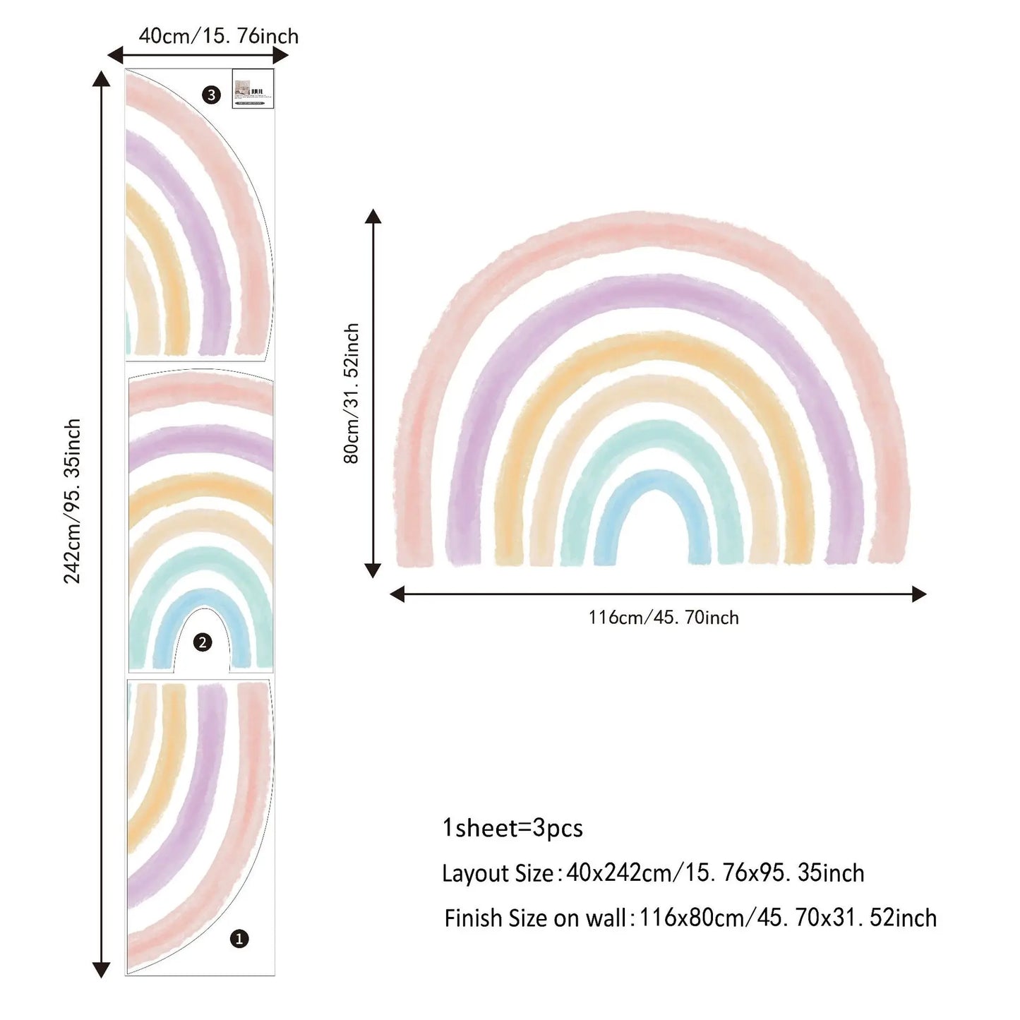 Let your kids' imaginations soar with this whimsical, watercolor-style rainbow wall decal! Made of lightweight, durable PVC that's easy to clean and won't fade or curl over time, it's sure to be the perfect touch for any bedroom or playroom. Add a splash of color and fun to your wall! This wall decal comes in multiple sizes.