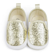 Load image into Gallery viewer, Not only will your little angel look fashionable in these stylish gold, silver and white baby loafers, but they will also stay safe and comfortable with their anti-slip, soft-sole design. Perfect for newborns up to 18 months, these shoes are easy to put on and take off, making your life as a busy parent a little easier. Provide your child with both fashion and function with our sparkling loafers in multiple colors and sizes.
