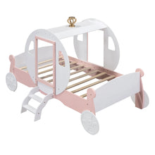 Load image into Gallery viewer, This twin princess bed is expertly crafted in the shape of a carriage, making it a charming addition to your girl&#39;s bedroom. It seamlessly complements any bedroom style, while also providing functionality. The durable wood frame is resistant to humidity change and cracking, thanks to its high-quality construction. With strong legs, wide boards, and 10 slats, this bed ensures stability. Some assembly is required, with clear instructions and all necessary tools provided. 
