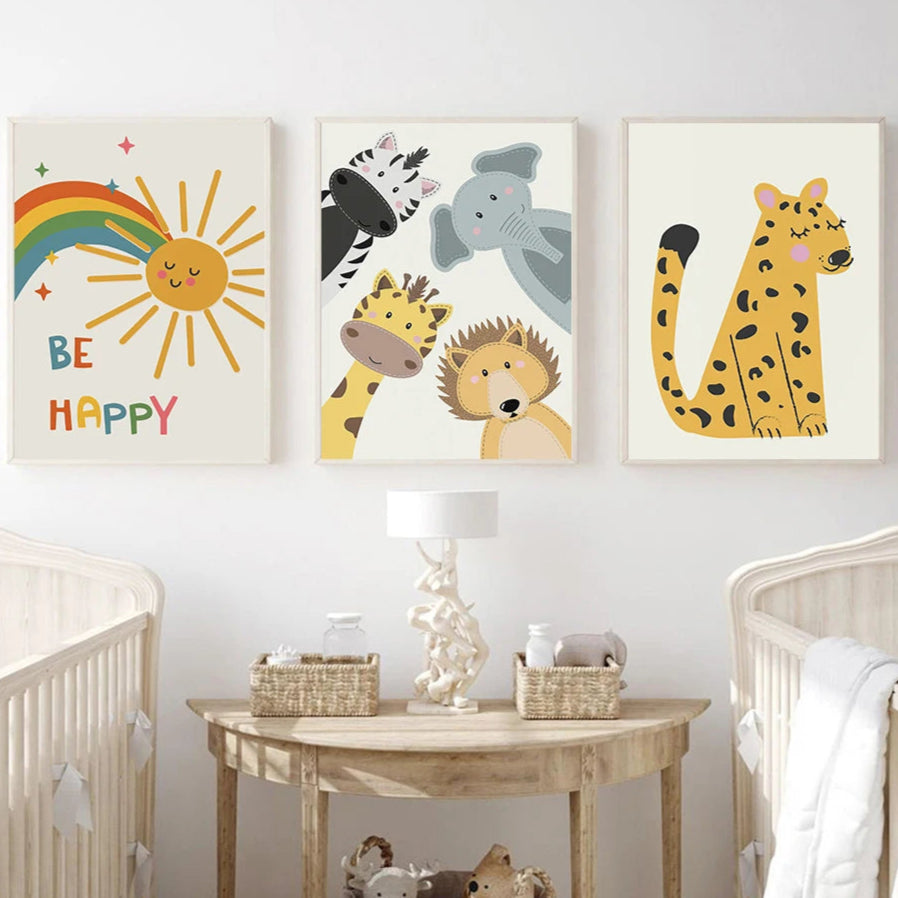 Bring some wild and whimsical vibes to your walls with this amazing jungle animals, clouds and rainbows canvas art. Instantly transform your child's room into a dreamy paradise!