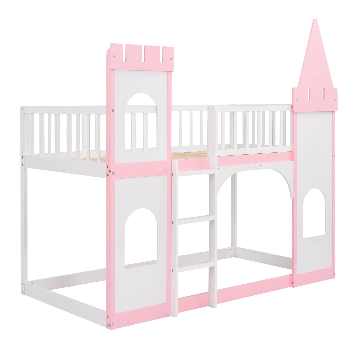 This pink castle bed is perfect for up-leveling your child's bedroom. Its delicate and gorgeous pattern design adds an artistic atmosphere to your home while providing a fun and safe environment for your child to explore their imagination. This bunk bed has guardrails and a safe ladder, so your little one can easily get in and out of bed.