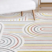 Load image into Gallery viewer, Transform your child&#39;s bedroom into a stunning work of art with the minimalist geo swirl rug, an elegant and exclusive piece that elevates any bedroom. Crafted from premium materials and available in multiple sizes, this vivid rug is sure to captivate with its timeless swirl design. An exquisite addition to any home.
