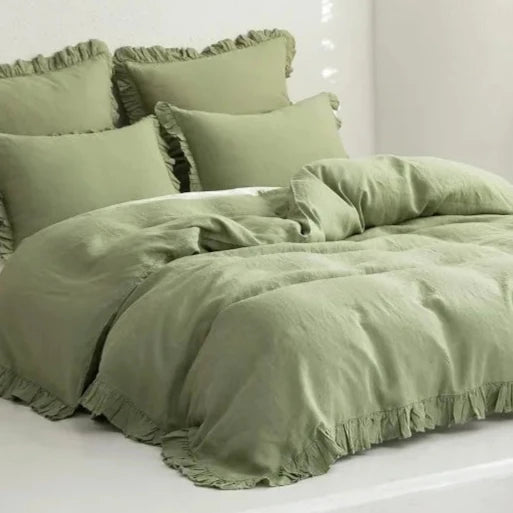 Transform your child or teenager's bedroom with the Sage Green Vintage Ruffled French Linen Duvet Cover Set, crafted from 100% washed linen. Experience the benefits of its excellent heat dissipation, breathability, and absorbency, providing ultimate comfort and durability that only gets softer with each wash.