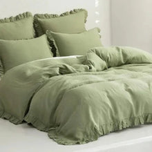 Load image into Gallery viewer, Transform your child or teenager&#39;s bedroom with the Sage Green Vintage Ruffled French Linen Duvet Cover Set, crafted from 100% washed linen. Experience the benefits of its excellent heat dissipation, breathability, and absorbency, providing ultimate comfort and durability that only gets softer with each wash.
