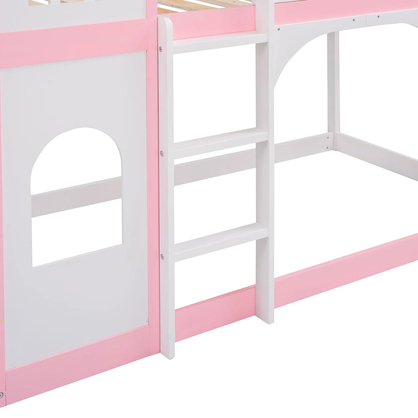 This pink castle bed is perfect for up-leveling your child's bedroom. Its delicate and gorgeous pattern design adds an artistic atmosphere to your home while providing a fun and safe environment for your child to explore their imagination. This bunk bed has guardrails and a safe ladder, so your little one can easily get in and out of bed.