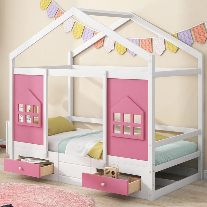 Add character to your bedroom with this stylish Pink and White Twin House Bed. Constructed with high-quality pine wood and MDF, this bed is durable and designed with a low height, making it easy and safe for kids to get in and out. Features two drawers for convenient storage for daily necessities. Let your creativity run wild and decorate with your little ones to make it truly unique.  Overal Dimensions: 77.6''L x 50.2''W x 74.8''H Twin bed size: 75.4'' x 39''