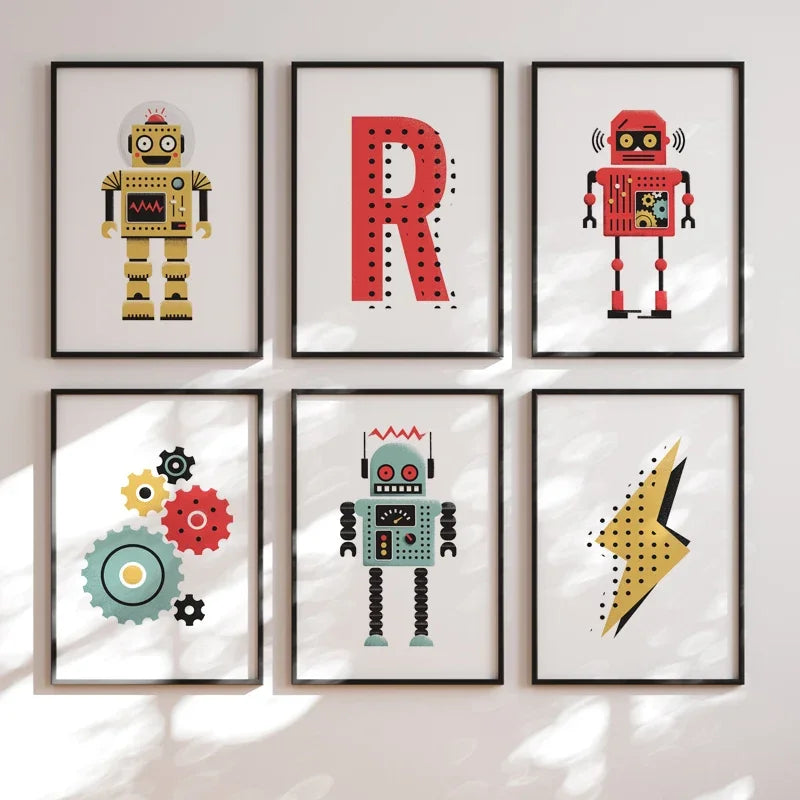 Spruce up your little one's bedroom or playroom with some groovy robot-themed canvas wall art! Multiple sizes available to suit your space, frame not included. "It's time to give your child's room a tech-savvy makeover! These funky robot designs will add a playful touch to any bedroom or playroom. Mix and match sizes to fit your unique space (frames not included, but your child's imagination is!)."