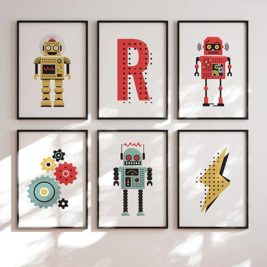 Spruce up your little one's bedroom or playroom with some groovy robot-themed canvas wall art! Multiple sizes available to suit your space, frame not included. "It's time to give your child's room a tech-savvy makeover! These funky robot designs will add a playful touch to any bedroom or playroom. Mix and match sizes to fit your unique space (frames not included, but your child's imagination is!)."