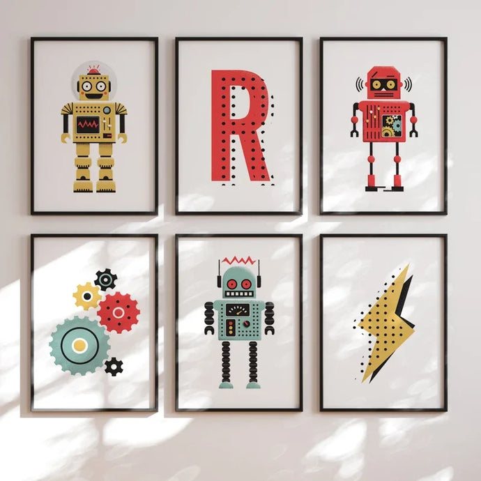 Spruce up your little one's bedroom or playroom with some groovy robot-themed canvas wall art! Multiple sizes available to suit your space, frame not included. 