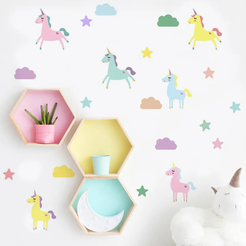 Transform any room into a magical wonderland for your children with minimal effort. Simply apply the PVC decals to a clean and smooth surface for a whimsical addition to your décor. Each order includes 6 sheets and 29 pieces, featuring 6 charming unicorns that your kids will adore.