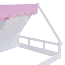 Load image into Gallery viewer, Introduce your child to the thrill of camping with this White and Pink Tent Floor Bed. Crafted with durable materials, this comfortable sleeping area is shaped like a tent and doubles as a play area, allowing your child to unleash their imagination.  Dimension: 78.7&quot;L x 57.5&quot;W x 55.5&quot;H Size: Full
