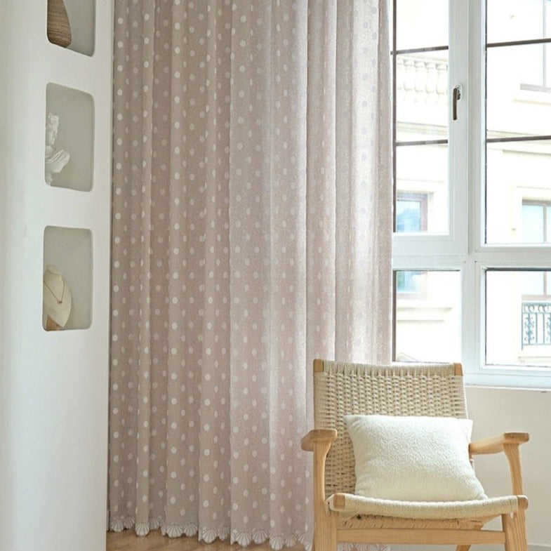 Sweet Polka dot woven curtain panel. Choose between a Grommet, Pull pleated or hook hanging application. Number of panels: 1 panel. Material: Cotton and Polyester. Pattern: Yarn Dyed. Technics: Woven.    