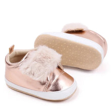 Load image into Gallery viewer, Discover the most adorable infant rose gold footwear available for newborns up to 18 months! Our selection boasts rose gold, glossy black, and shimmering silver options. These non-slip, cozy shoes feature soft soles perfect for everyday wear.
