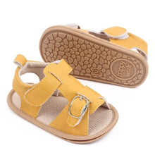 Load image into Gallery viewer, Bring comfort and style to your little one&#39;s summer with these adorable sandals in vibrant yellow, crisp white, and cool blue. Perfect for newborns to 18-month-olds, these sandals will have your baby looking cute from every angle. Elevate your baby&#39;s style with these adorable and versatile sandals! Keep your little one&#39;s feet cool and comfortable all summer long with these must-have sandals
