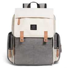 Load image into Gallery viewer, The beige and grey multifunctional diaper bag backpack is designed with cool and stylish aesthetics while providing the necessary functionality for your baby&#39;s essential items.
