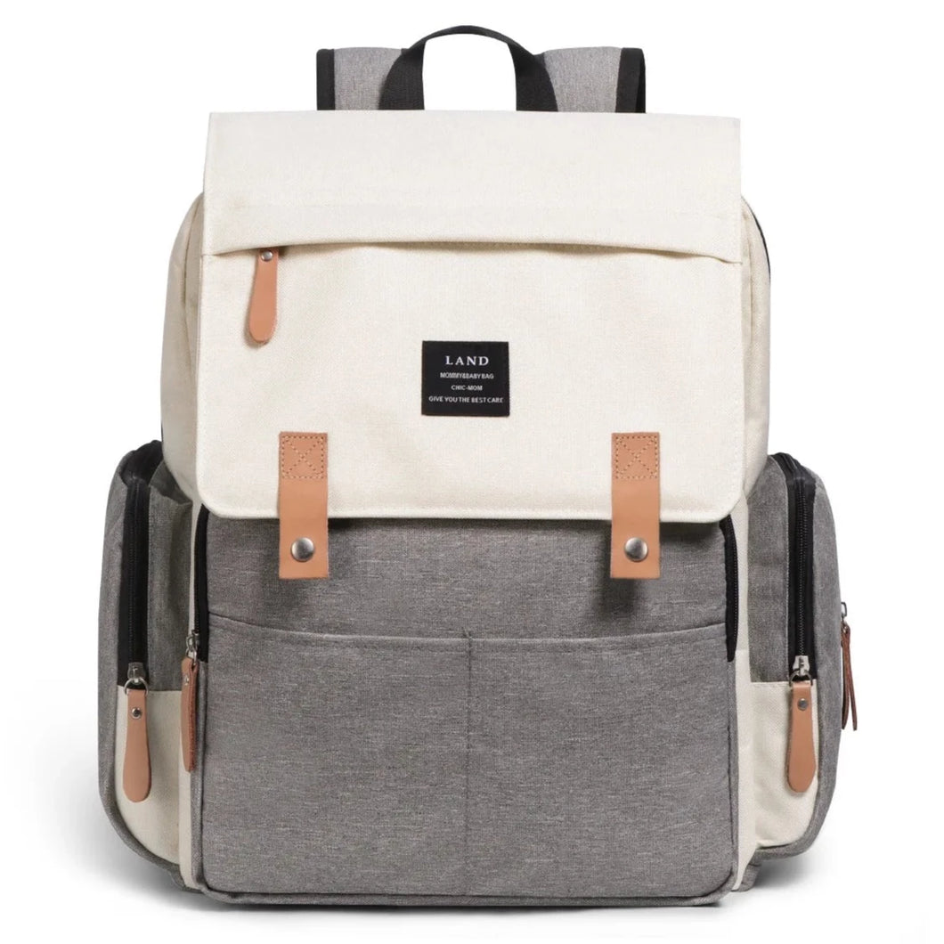 The beige and grey multifunctional diaper bag backpack is designed with cool and stylish aesthetics while providing the necessary functionality for your baby's essential items.