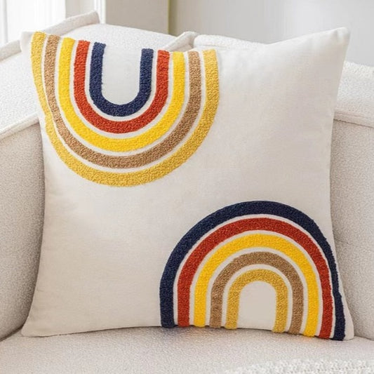 Decorate your children's bedroom with this stylish embroidered rainbow pillow cover! It is crafted to be soft and comfortable while being stylish enough to be a great addition to the room. Its embroidered pattern adds a touch of hapiness to your nursery or kids' bedroom.   Size: 17.71. x 17.71 inches (45 x 45cm) Material: Cotton and Polyester Technics: Woven Open: Zipper Method: Cold water washed by hand Pillow insert (Filling) not included Package included: 1 pillow case