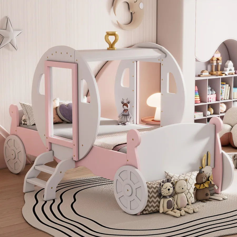 This twin princess bed is expertly crafted in the shape of a carriage, making it a charming addition to your girl's bedroom. It seamlessly complements any bedroom style, while also providing functionality. The durable wood frame is resistant to humidity change and cracking, thanks to its high-quality construction. With strong legs, wide boards, and 10 slats, this bed ensures stability. Some assembly is required, with clear instructions and all necessary tools provided. 