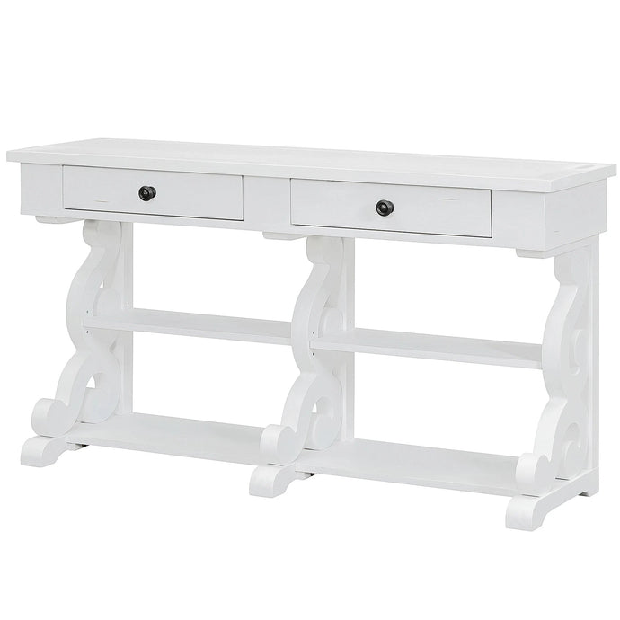 Experience the perfect blend of classic and French design with our elegant-lined white console table. This airy piece offers both style and functionality with its semi-open storage space, featuring two drawers, two middle shelves, and two bottom shelves in an open-style design. Versatile for any area, it can be used as a make-up table or book storage console for your child. 