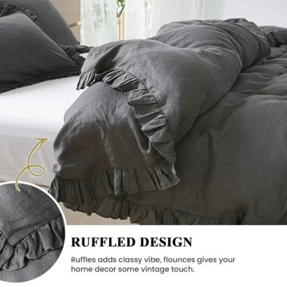 Transform any bedroom into a cozy sanctuary with our Dark Grey Vintage Ruffled French Linen Duvet Cover Set. Made from 100% washed linen, this duvet cover is not only incredibly soft and durable, but it also offers excellent heat dissipation and is highly breathable and absorbent. Experience ultimate comfort and style with our timeless and luxurious duvet cover set.