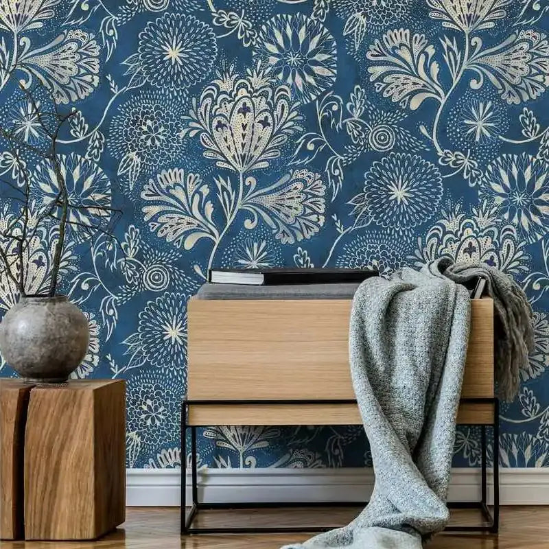 Experience the magic of our teal blue vintage flower wallpaper in your children's bedroom or playroom. Waterproof, moisture-proof, mold-proof, and sound-absorbing for a durable and functional addition to any space!