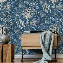 Load image into Gallery viewer, Experience the magic of our teal blue vintage flower wallpaper in your children&#39;s bedroom or playroom. Waterproof, moisture-proof, mold-proof, and sound-absorbing for a durable and functional addition to any space!
