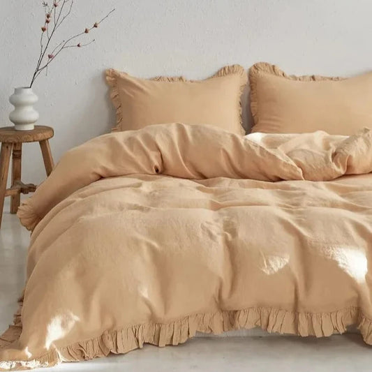 Transform your kid or teen's bedroom into a dreamy sanctuary with this vintage ruffled 100% French linen duvet cover in a soft sandy hue. Crafted from linen fabric, it offers superior heat dissipation, excellent breathability, and remarkable absorbency. Plus, it only gets cozier with each wash, ensuring long-lasting comfort and durability.