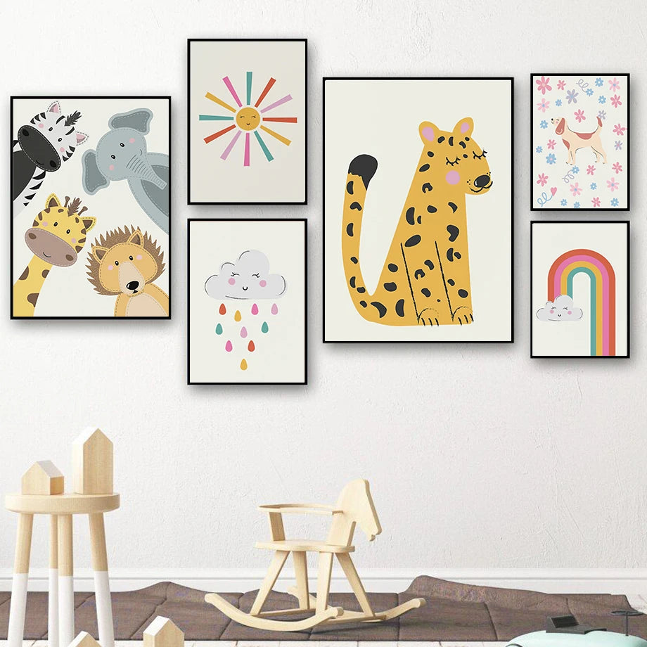 Bring some wild and whimsical vibes to your walls with this amazing jungle animals, clouds and rainbows canvas art. Instantly transform your child's room into a dreamy paradise!