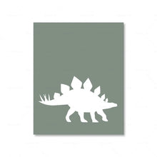 Load image into Gallery viewer, Army green and white stegosaurus. Transform your child&#39;s bedroom or playroom with our sensational Dinosaur Art on Canvas! Choose from a range of sizes to perfectly fit any space. Please note, frame is not included. Our waterproof ink and spray painting technics ensure a long-lasting and vibrant piece of art. All artworks are carefully shipped in a tube for convenience and protection.

