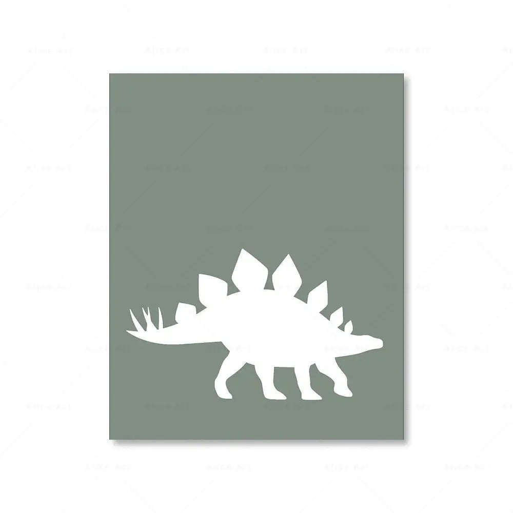 Army green and white stegosaurus. Transform your child's bedroom or playroom with our sensational Dinosaur Art on Canvas! Choose from a range of sizes to perfectly fit any space. Please note, frame is not included. Our waterproof ink and spray painting technics ensure a long-lasting and vibrant piece of art. All artworks are carefully shipped in a tube for convenience and protection.