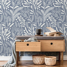 Load image into Gallery viewer, Experience the magic of our Blue Vintage Leaves Wallpaper in your children&#39;s bedroom or playroom. Waterproof, moisture-proof, mold-proof, and sound-absorbing for a durable and functional addition to any space!
